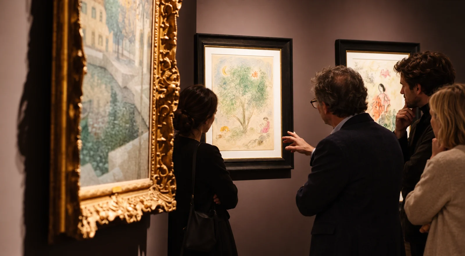 A small group considering a painting together in a gallery