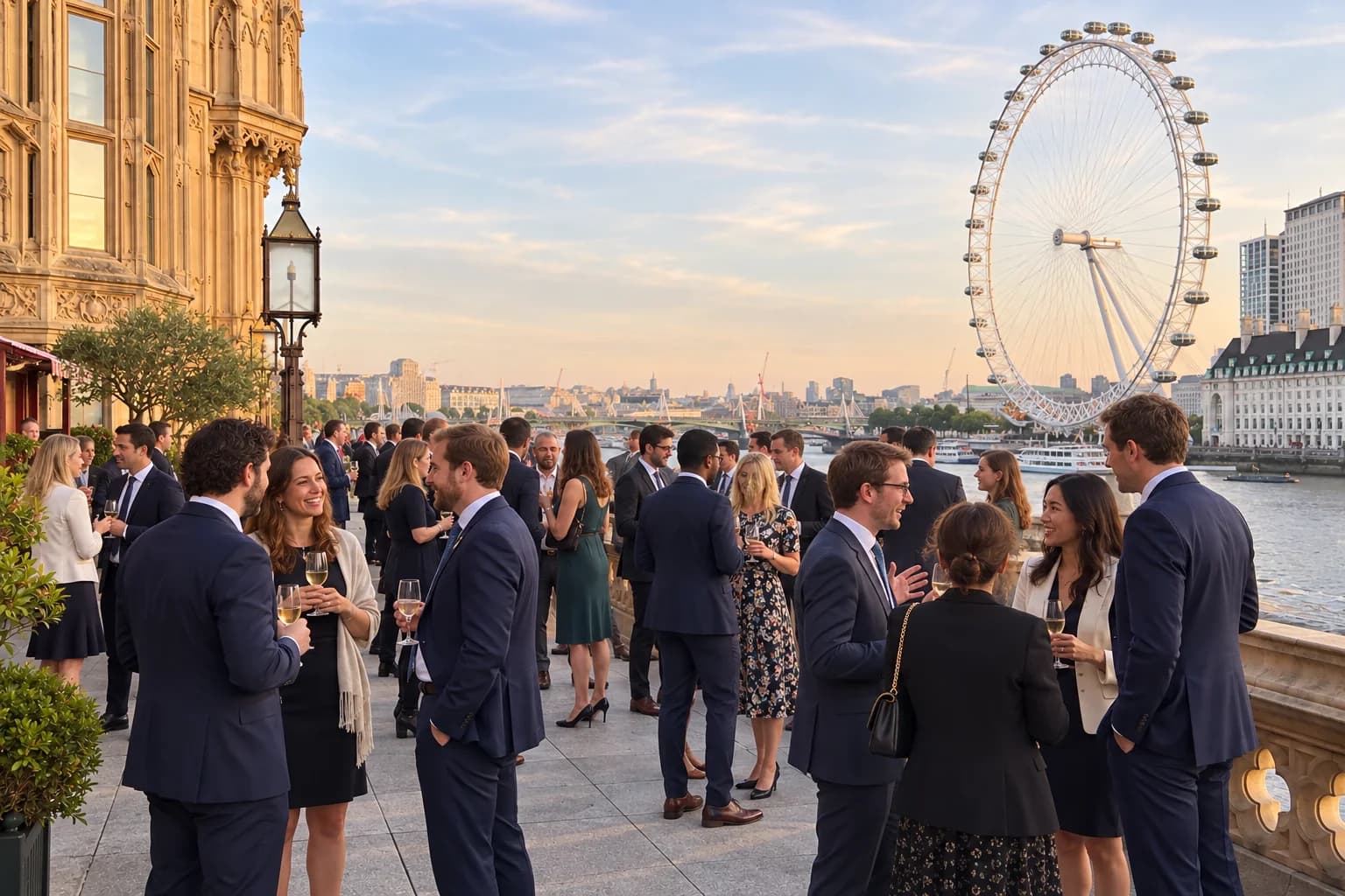 A group gathering on a London terrace overlooking the city