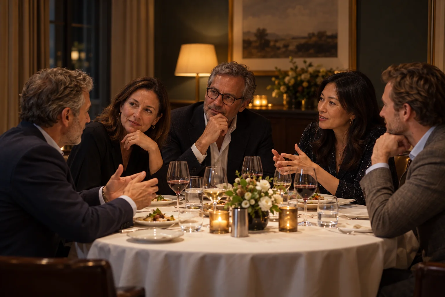 Members sharing a thoughtful conversation around a dinner table