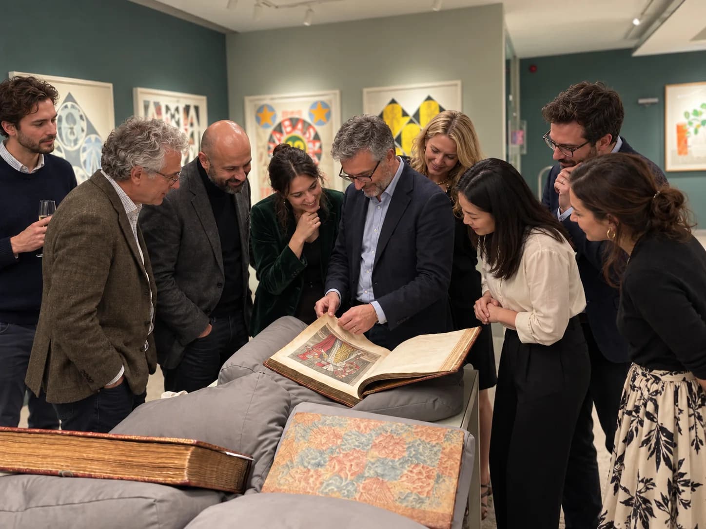 Guests sharing a rare book at a private literary occasion