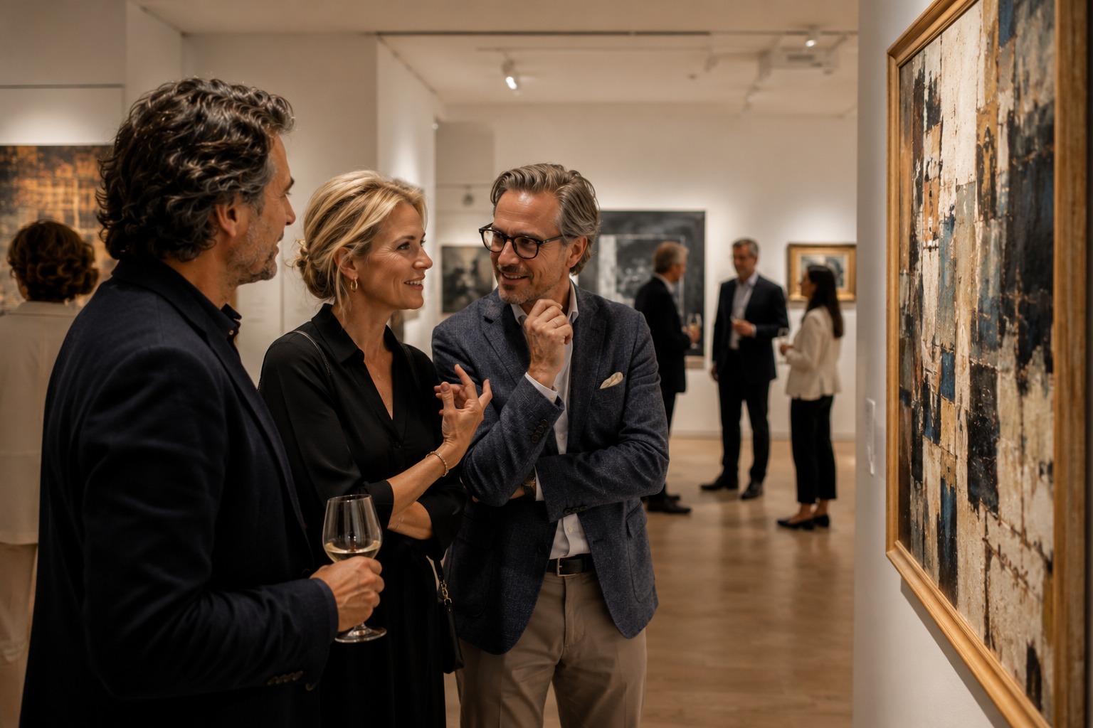 Members in conversation at a private gallery view